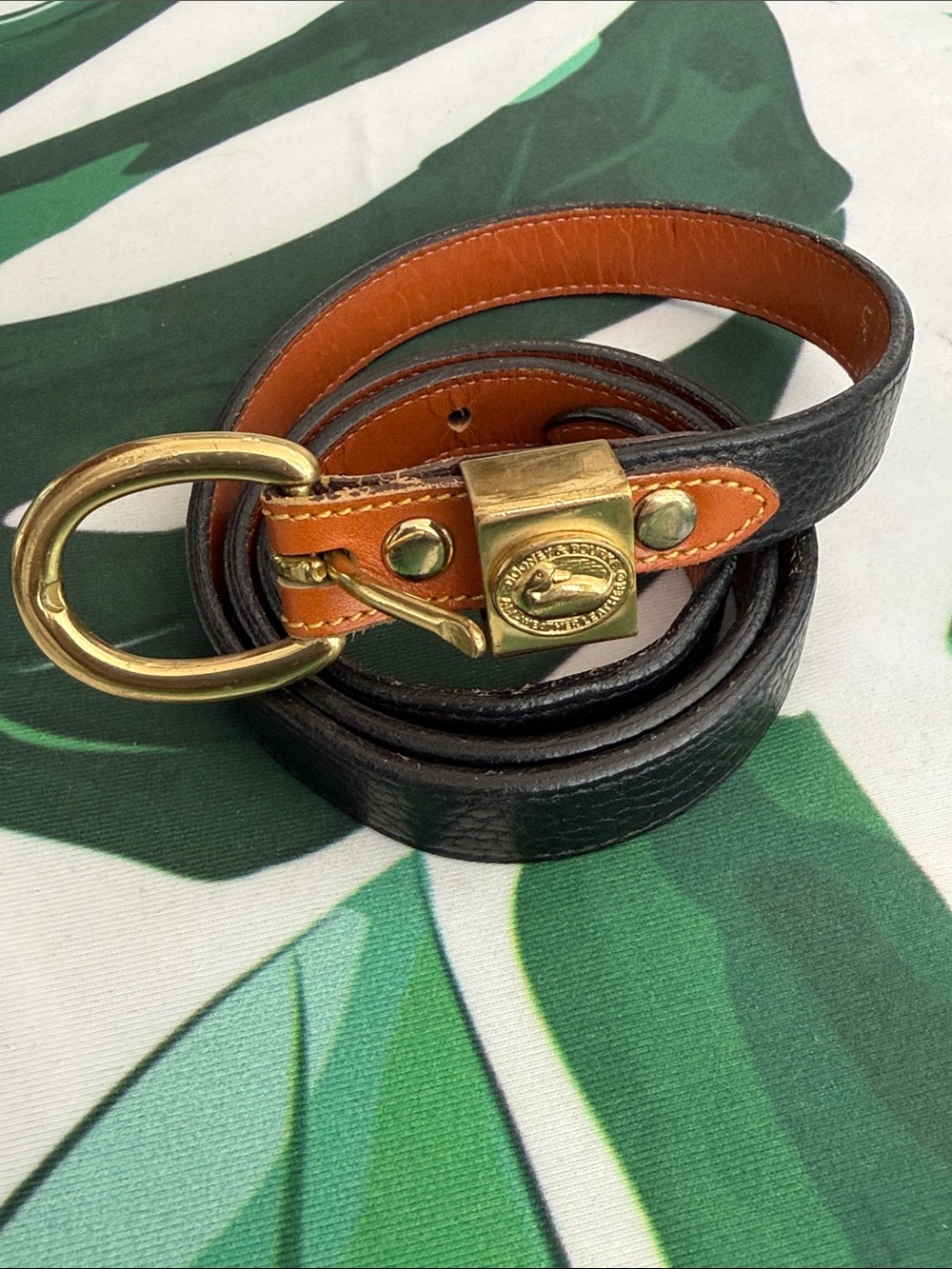 Dooney & Bourke Black Exterior Tan Interior Leather Belt with Brass Hardware